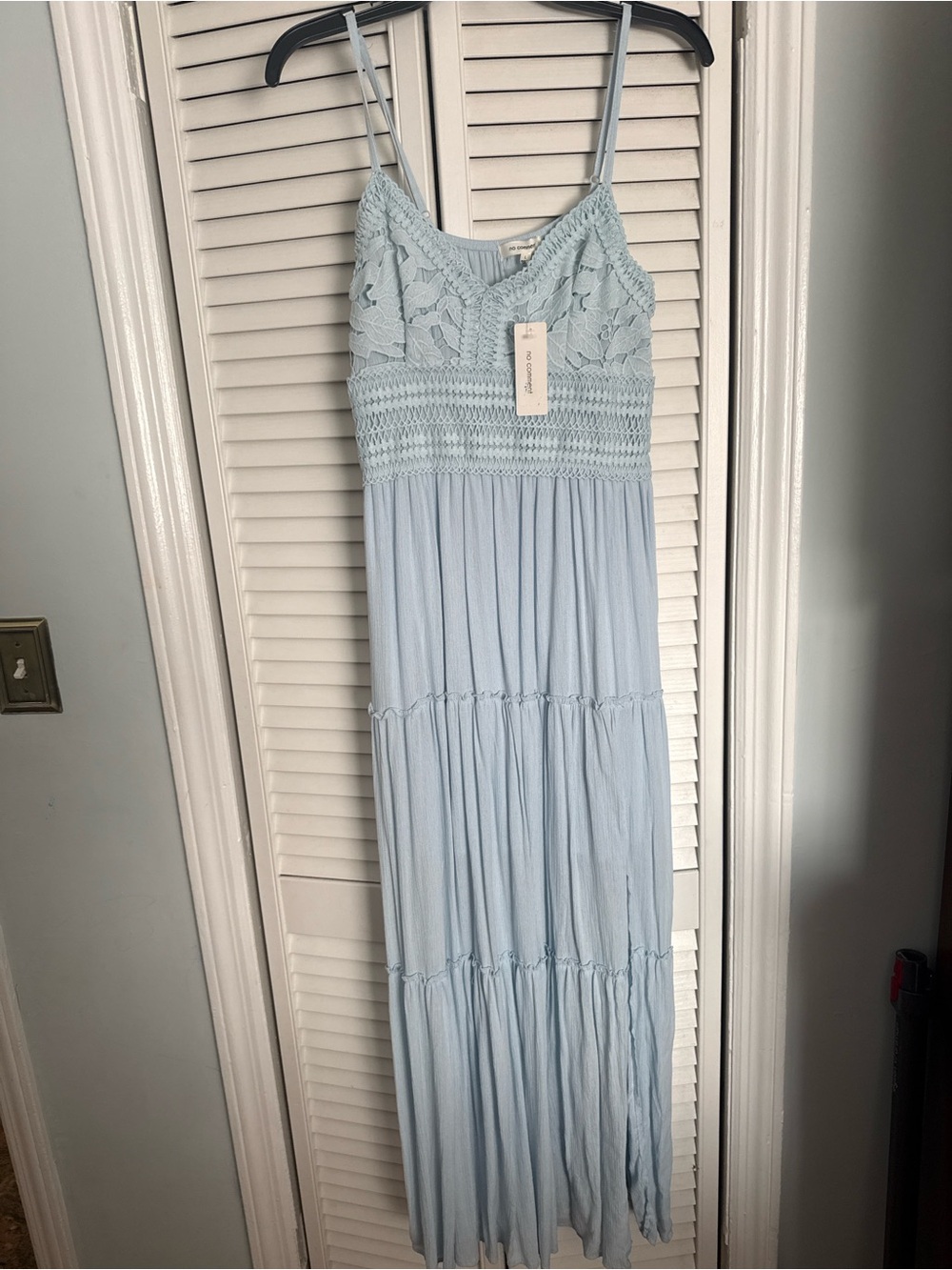 Light Blue Crochet-Detail Maxi Dress with Spaghetti Straps